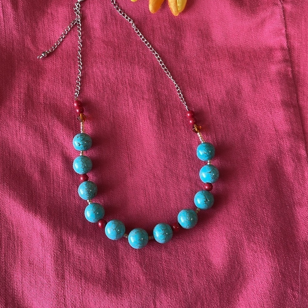 Sterling Silver Turquoise Glass / Coral Necklace - Picture 2 of 8